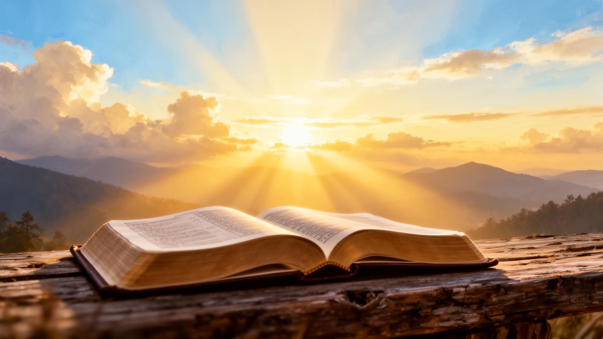 Open Bible at sunrise over the mountains